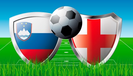 Soccer match in South Africa 2010. Shiny football shield of national flag. Abstract illustration  on colorful background with grass.の写真素材