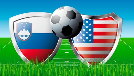 Soccer match in South Africa 2010. Shiny football shield of national flag. Abstract illustration  on colorful background with grass.の写真素材