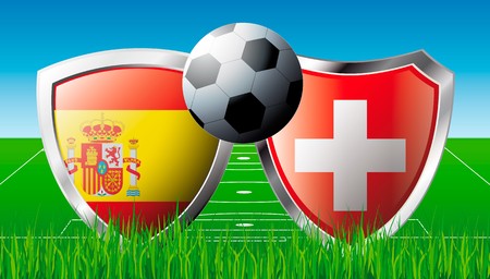 Soccer match in South Africa 2010. Shiny football shield of national flag. Abstract illustration vector on colorful background with grass.の写真素材
