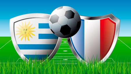 Soccer match in South Africa 2010. Shiny football shield of national flag. Abstract illustration on colorful background with grass.の写真素材