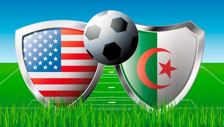 Soccer match in South Africa 2010. Shiny football shield of national flag. Abstract illustration  on colorful background with grass.の写真素材