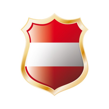 Austria flag on metal shiny shield  illustration. Collection of flags on shield against white background. Abstract isolated object.の写真素材