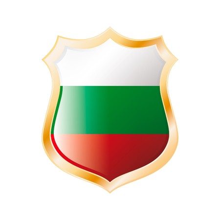 Bulgaria flag on metal shiny shield  illustration. Collection of flags on shield against white background. Abstract isolated object.の写真素材