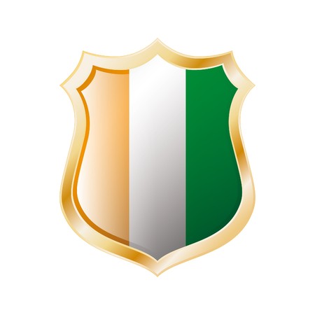 Cote d I voire flag on metal shiny shield illustration. Collection of flags on shield against white background. Abstract isolated object.の写真素材