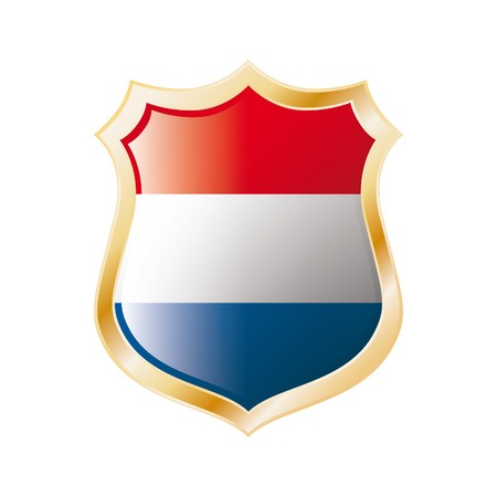 Netherlands flag on metal shiny shield  illustration. Collection of flags on shield against white background. Abstract isolated object.の写真素材