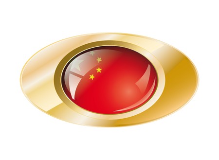 China shiny button flag with golden ring illustration. Isolated abstract object against white background.の写真素材