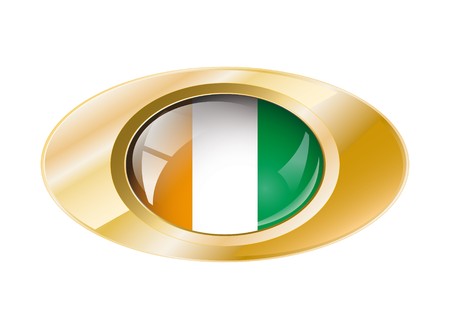 Cote voire shiny button flag with golden ring illustration. Isolated abstract object against white background.の写真素材
