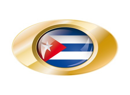 Cuba shiny button flag with golden ring illustration. Isolated abstract object against white background.の写真素材