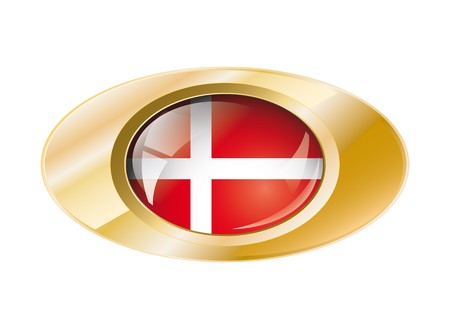 Denmark shiny button flag with golden ring illustration. Isolated abstract object against white background.の写真素材