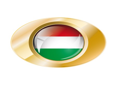 Hungary shiny button flag with golden ring illustration. Isolated abstract object against white background.の写真素材