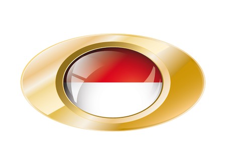 Indonesia shiny button flag with golden ring illustration. Isolated abstract object against white background.の写真素材