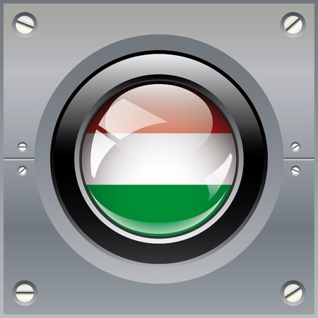Hungary shiny button flag illustration. Isolated abstract object on metal background.の写真素材