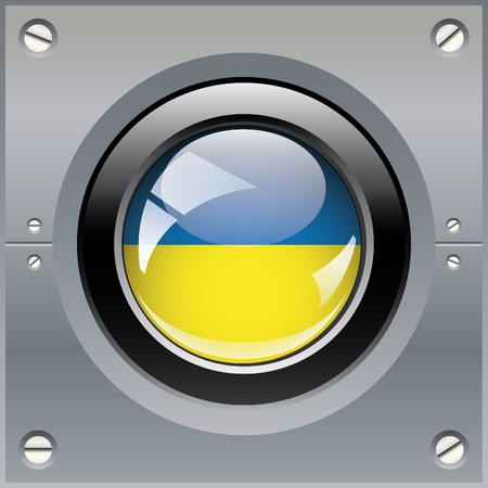 Ukraine shiny button flag illustration. Isolated abstract object on metal background.の写真素材