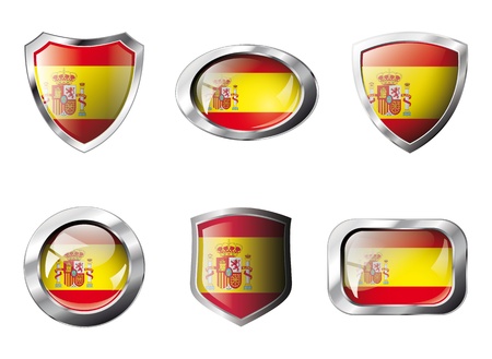 Spain set shiny buttons and shields of flag with metal frame - illustration. Isolated abstract object against white background.の写真素材