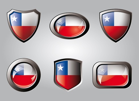 Chile set shiny buttons and shields of flag with metal frame - vector illustration. Isolated abstract object.の写真素材