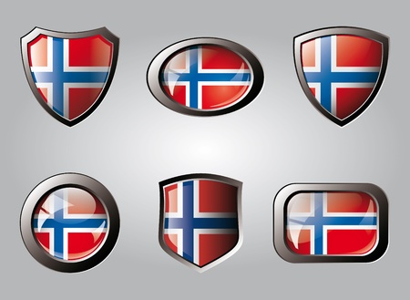 Norway set shiny buttons and shields of flag with metal frame - vector illustration. Isolated abstract object.の写真素材