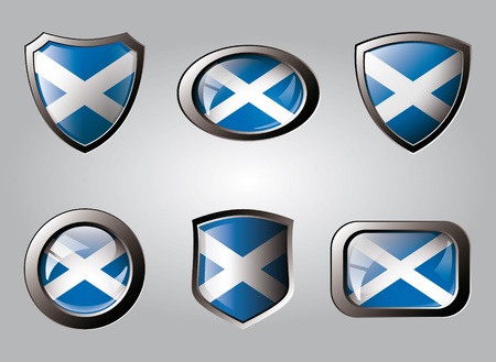 Scotland set shiny buttons and shields of flag with metal frame - vector illustration. Isolated abstract object.の写真素材