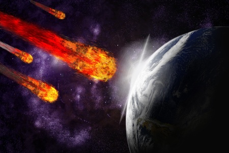 Asteroid and earth planet on starfield abstract background. Illustration meteor impact.