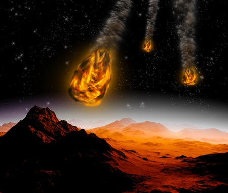 Attack of the asteroid on the planet in the universe  Abstract illustration of a meteor impact 