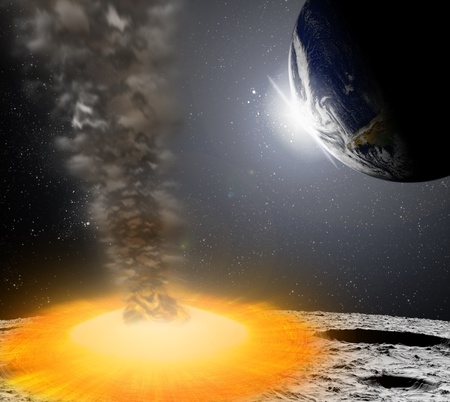 Attack of the asteroid on the planet in the universe. Abstract illustration of a meteor impact.