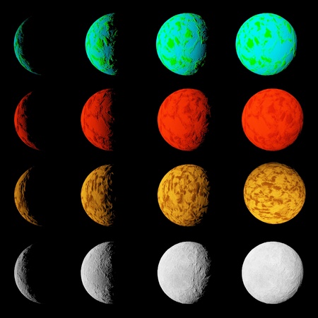 Phase of lighting different planets. Planets in deep dark space. Abstract illustration of universe.