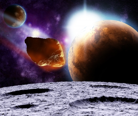 Attack of the asteroid on the planet in the universe. Abstract illustration of a meteor impact.の写真素材