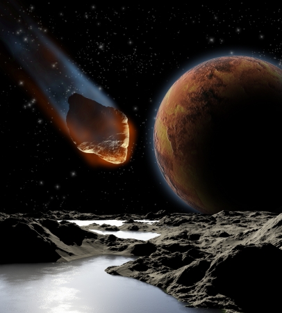 Attack of the asteroid on the planet in the universe. Abstract illustration of a meteor impact.の写真素材