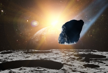 Attack of the asteroid on the planet in the universe. Abstract illustration of a meteor impact.