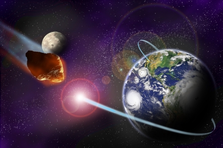 Attack of the asteroid on the planet in the universe. Abstract illustration of a meteor impact.の写真素材