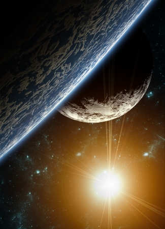 A view of planet earth, moon and sun. Abstract background of distant regions. New Age in the far travel and use of solar energy.の写真素材
