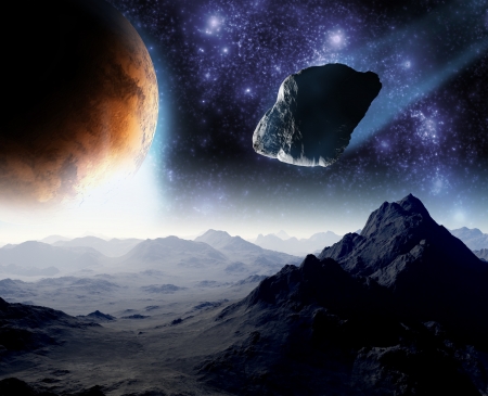 Attack of the asteroid on the planet in the universe. Abstract illustration of a meteor impact.