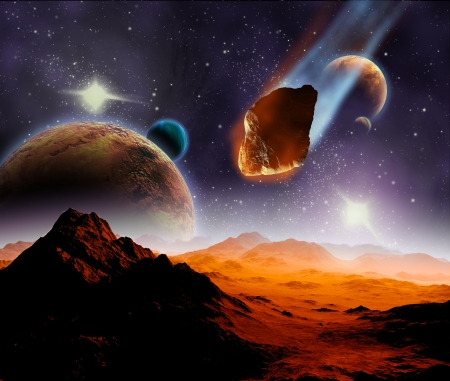 Attack of the asteroid on the planet in the universe. Abstract illustration of a meteor impact.の写真素材