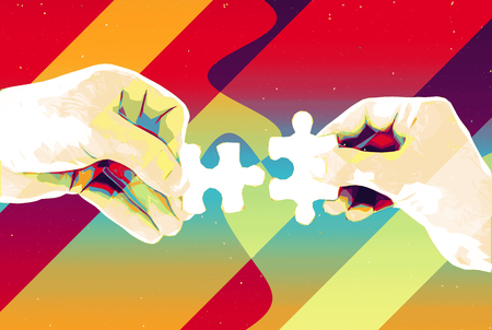 Hands with two puzzle pieces abstract background , modern illustration for teamwork, partnership , relationship , connection and cooperation business designの写真素材