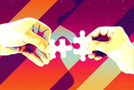 Hands with two puzzle pieces abstract background , modern illustration for teamwork, partnership , relationship , connection and cooperation business designの写真素材