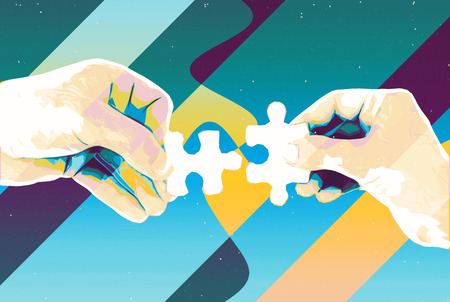 Hands with two puzzle pieces abstract background , modern illustration for teamwork, partnership , relationship , connection and cooperation business designの写真素材