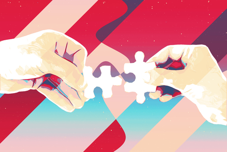 Hands with two puzzle pieces abstract background , modern illustration for teamwork, partnership , relationship , connection and cooperation business designの写真素材