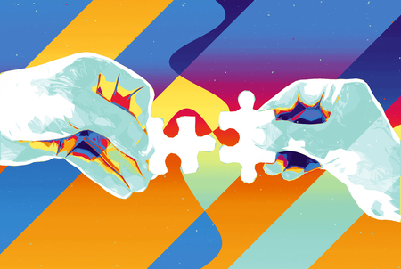 Hands with two puzzle pieces abstract background , modern illustration for teamwork, partnership , relationship , connection and cooperation business designの写真素材