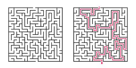 Vector Square Maze - Labyrinth with Included Solution in Black & Red. Funny & Educational Mind Game for Coordination, Problems Solving, Decision Making Skills Test.のイラスト素材