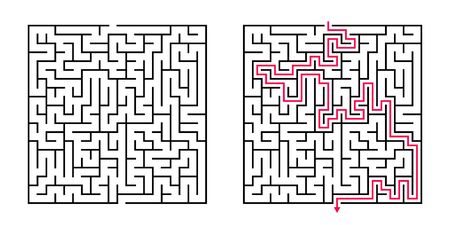 Vector Square Maze - Labyrinth with Included Solution in Black & Red. Funny & Educational Mind Game for Coordination, Problems Solving, Decision Making Skills Test.のイラスト素材