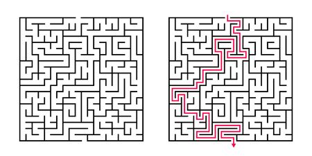 Vector Square Maze - Labyrinth with Included Solution in Black & Red. Funny & Educational Mind Game for Coordination, Problems Solving, Decision Making Skills Test.のイラスト素材