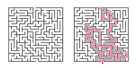 Vector Square Maze - Labyrinth with Included Solution in Black & Red. Funny & Educational Mind Game for Coordination, Problems Solving, Decision Making Skills Test.のイラスト素材