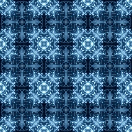 Blue Circuit Board Pattern Digital Seamless Background. Abstract Futuristic Computer Motherboard illustration. Information Technology, High-tech Business, Network Texture, Artificial Intelligenceの写真素材