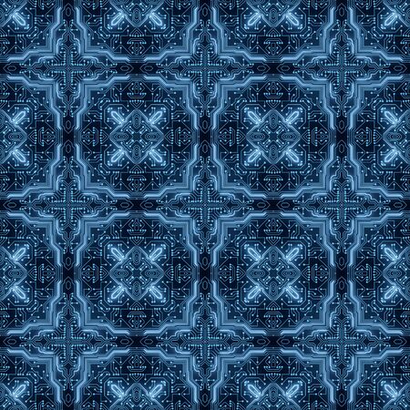 Blue Circuit Board Pattern Digital Seamless Background. Abstract Futuristic Computer Motherboard illustration. Information Technology, High-tech Business, Network Texture, Artificial Intelligenceの写真素材