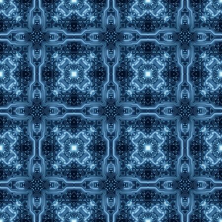 Blue Circuit Board Pattern Digital Seamless Background. Abstract Futuristic Computer Motherboard illustration. Information Technology, High-tech Business, Network Texture, Artificial Intelligenceの写真素材