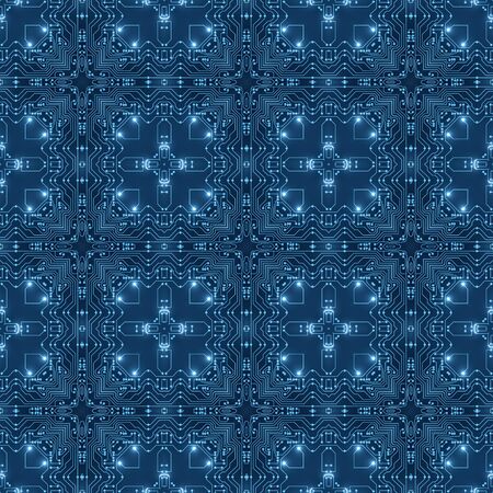 Blue Circuit Board Pattern Digital Seamless Background. Abstract Futuristic Computer Motherboard illustration. Information Technology, High-tech Business, Network Texture, Artificial Intelligenceの写真素材