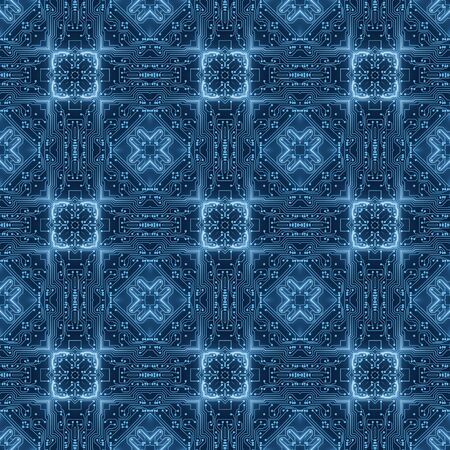 Blue Circuit Board Pattern Digital Seamless Background. Abstract Futuristic Computer Motherboard illustration. Information Technology, High-tech Business, Network Texture, Artificial Intelligenceの写真素材