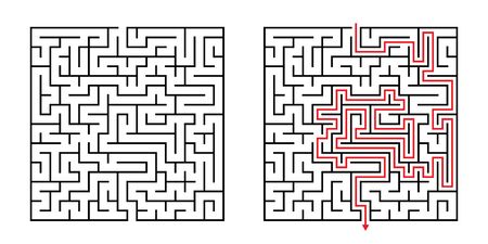 Vector Square Maze - Labyrinth with Included Solution in Black & Red. Funny & Educational Mind Game for Coordination, Problems Solving, Decision Making Skills Test.のイラスト素材
