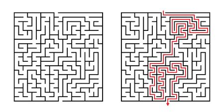 Vector Square Maze - Labyrinth with Included Solution in Black & Red. Funny & Educational Mind Game for Coordination, Problems Solving, Decision Making Skills Test.のイラスト素材