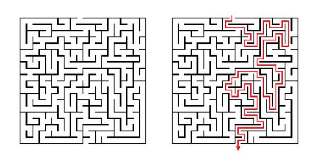 Vector Square Maze - Labyrinth with Included Solution in Black & Red. Funny & Educational Mind Game for Coordination, Problems Solving, Decision Making Skills Test.のイラスト素材