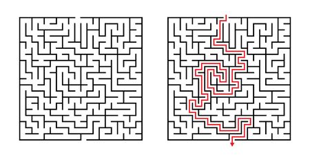 Vector Square Maze - Labyrinth with Included Solution in Black & Red. Funny & Educational Mind Game for Coordination, Problems Solving, Decision Making Skills Test.のイラスト素材